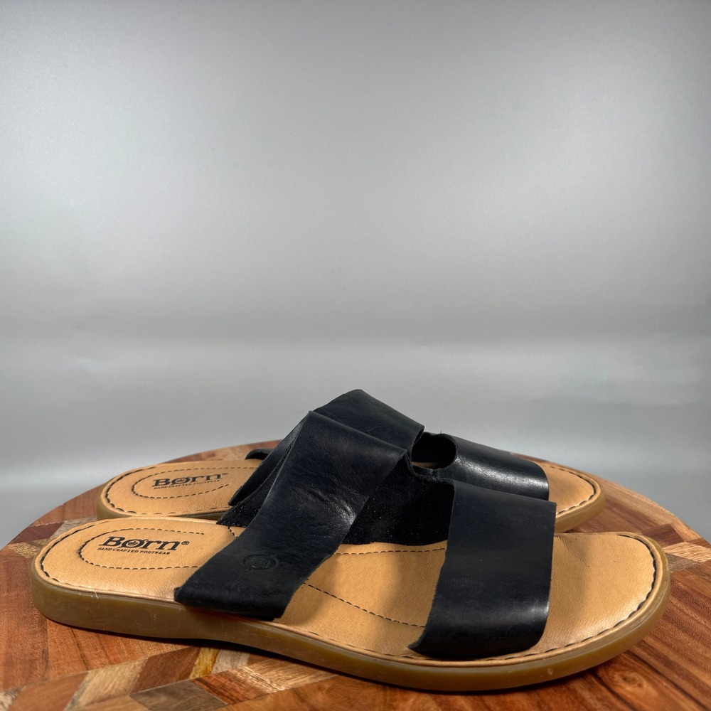 Born Womens Iwa Black Leather Slide Sandals Flat Comfort Slip On Shoes Size 9